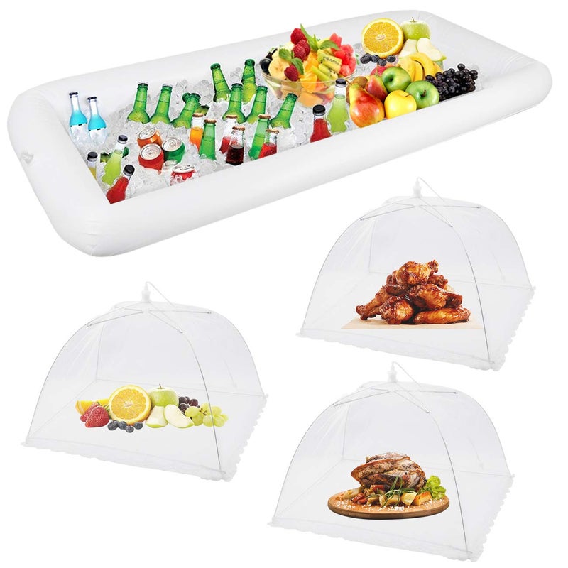 FOOEN 1PCS Inflatable Serving Bars and 3PCS Mesh Food Umbrella Covers Tent for Outdoor,Keep Salads Beverages Ice Cold - For Parties Indoor & Outdoor BBQ, Picnic Pool Party Supplies Luau Cooler - Image 1